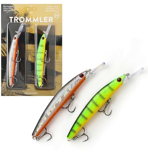 Zanderfang TROMMLER Wobbler Set (2er) – 9,5 cm 9,5 g Hardbait mit Rassel – Firetiger & Rotauge – Kunstköder für Barsch & Zander – tieflaufender Wobbler