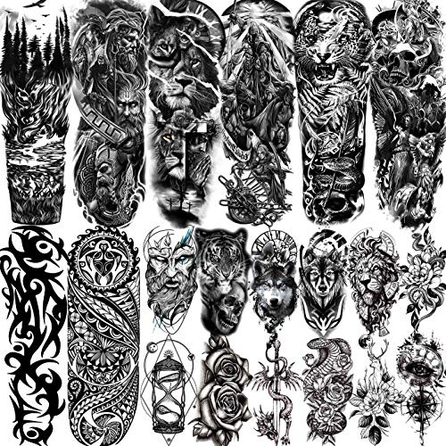 LAROI 20 Blätter Extra Groß Temporäre Tattoos Vollem Arm Männer Erwachsene, Temporäre Tattoos Frauen Tiger Schlange Löwe, Schwarz Tattoos Wasserfest Fake Tattoo Aufkleber Krieger Damen Herren