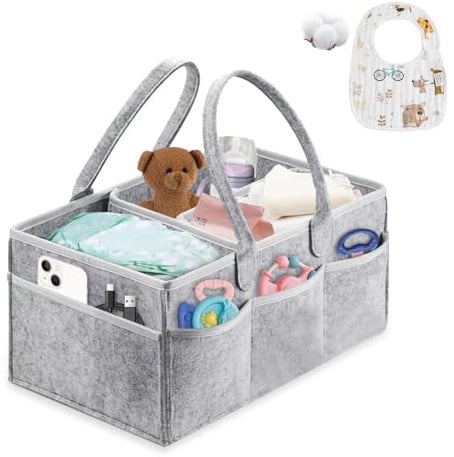 Esoes Wickeltasche Organizer mit Lätzchen Baby Windel Caddy Organizer Tragbarer filztasche mit fächern Windeleimer oder Spielzeugaufbewahrung für Kinder Car Wickel Bags (Grau)
