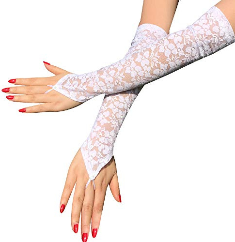 Egurs Brauthandschuhe Abendhandschuhe Lang Fingerlos Handschuhe mit Spitze für Hochzeit Party Weiß
