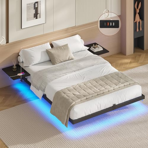 AOGLLATI Bettgestell 140x200 Bett 140x200 aus Metall mit LED Beleuchtung und Ladestation Schwebender Bettrahmen mit Aufbewahrungsregalen Metallbett mit Lattenrost Doppelbett Schwarz (Ohne Matratze)