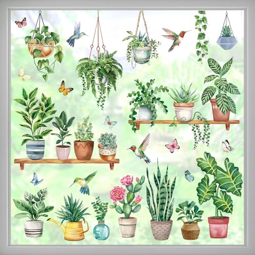 wondever Fenstersticker Grüne Topfpflanze Fenster Aufkleber Hängende Pflanzen Blätter Vögel Fensterbilder Fensteraufkleber Anti-Kollision Doppelseitig PVC Glasaufkleber Sommer Glas Deko