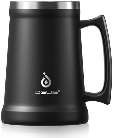 Ideus® Isoliert Bierkrug mit Griff 710ml, Edelstahl Bierglas Groß Thermobecher Metall Bierbecher, Geboren für das Oktoberfest (Schwarz)