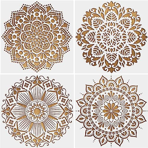 4 Stück Groß Mandala Schablonen, Mandala Wand- und Zeichnen Set, für Scrapbooking, DIY-Möbeldekoration, Wände, Fliesen, Holz, Stein, Verfolgung (Groß Weiß)