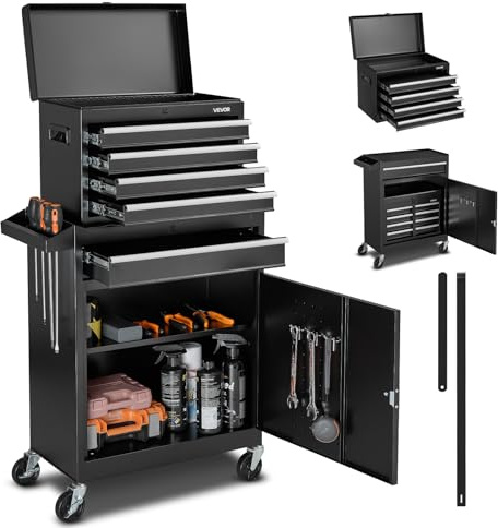 VEVOR Werkstattwagen, 2-in-1-Design, Werkzeugwagen mit 5 Schubladen & abnehmbarem Metall-Werkzeugkasten, Verriegelungsstange, Schutzauskleidung & Werkzeugregal, Garagen-Organizer für Lager, Werkstatt