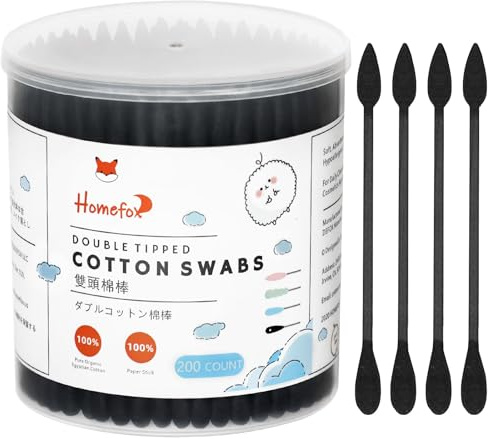 HOMEFOX Schwarze Wattestäbchen, präzise spitz, 200 Stück, organische Spitz-Wattestäbchen, doppelseitig, dicht gewickelt, anthrazit, Baumwollspitze, Papierstäbchen, weich, sanft, tierversuchsfrei