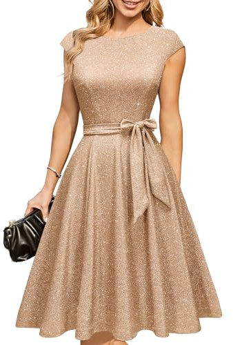 DRESSTELLS Cocktailkleid Damen Glitzerkleid Rockabilly Abendkleider Elegant Hochzeitsgast Silvester Outfit Swing Festliche Weihnachtskleid Glitter Champagne M