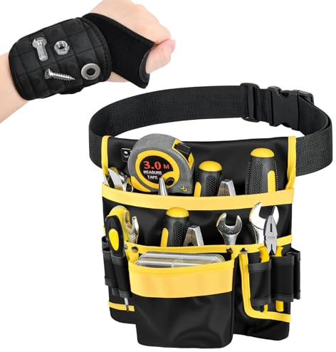 Mapille Werkzeuggürtel Herren, Werkzeugtasche Gürtel mit 13 Taschen Magnetische Werkzeugtasche für Männer, Abnehmbare Verstellbare werkzeugtasche mit Magnetarmband für Elektriker Schreiner Bauarbeiter