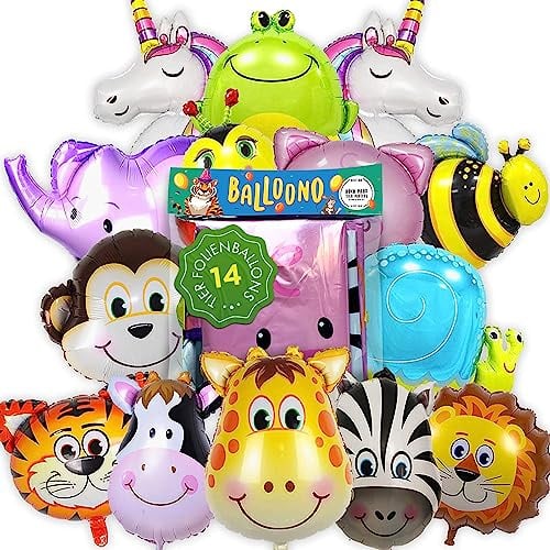 Balloono 14x Süße Tier Helium Ballons - Tier Helium Luftballons für einen unvergesslichen Kindergeburtstag - Folienballon - Nutzbar mit Helium Gasflaschen
