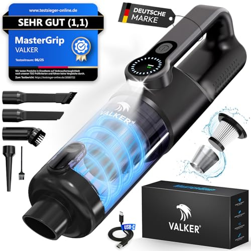 VALKER® Handstaubsauger Akku [TESTSIEGER] Starke Saugleistung 80000 RPM | Druckluft Funktion 2-in-1, Waschbarer HEPA-Filter, Handsauger Kabellos für Auto & Zuhause | MasterGrip