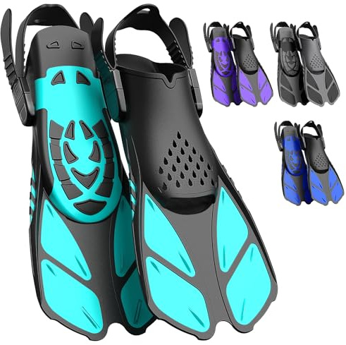 Lealinga Schnorchelflossen, Flossen Verstellbar Erwachsene Reisegröße Schwimmflossen Unisex Taucherflossen für Erwachsene Männer Frauen Kinder Offene Ferse Trainingsflossen mit Netztasche