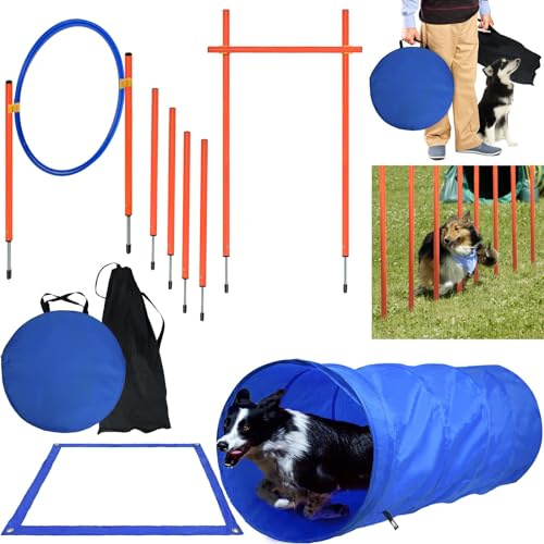 ORHEYA Agility Set Hunde Agility Ausrüstungs Set für Hunde Hindernisse mit Hundetunnel, Slalomstangen Höhenverstellbar, Tragetasche für Hundetraining und Hundesport