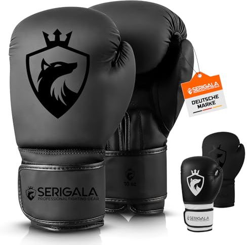 Serigala Boxhandschuhe mit idealer Stabilität und Schlagkraft - Punching Handschuhe für Boxen, MMA, Muay Thai, Boxsack Training und Sparring - Inklusive Tasche schwarz/schwarz 12 oz