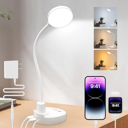 ZAPLIT 15W LED Schreibtischlampe mit USB-A & USB-C – Dimmbar, 3 Farbtemperaturen, 5 Helligkeitsstufen, 4 Timer, Flexibler 360° Schwanenhals, Augenschonend, Tischlampe für Büro & Schlafzimmer - Weiß