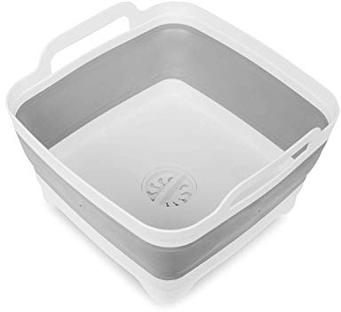 Altera la Vita Spülbecken, Spülwanne, klappbar, faltbar, Waschschüssel, Spülschüssel, Abwaschschüssel mit Ablauf für Camping, Wohnwagen, Wohnmobil, 10 Liter platzsparend (weiß-grau)