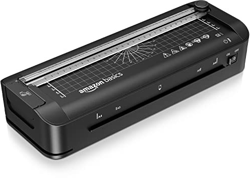 Amazon Basics 3-in-1-Thermolaminiergerät für A4-Größe, mit Funktionen zum Schneiden, Stanzen und Abrunden von Ecken, inkl. 10 Hüllen, EU-Stecker, Schwarz