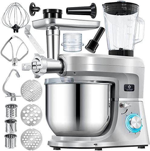 KESSER® Küchenmaschine 3in1 mit Fleischwolf & Mixer, 1500W Knetmaschine 5,5L Rührschüssel + Spritzschutz, 6 Geschwindigkeiten, Knethaken, Schneebesen, Rührhaken & Raspeln, Backen & Kochen, Silber