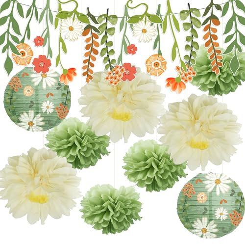 Syoulin-gartenparty deko， hochzeit pompons deko，girlande|Papierblumen|Papierlaterne，Sanfte Farben、natürliche Wald Party Dekorationen, geeignet für Garten|Hochzeit|Geburtstag|Party deko
