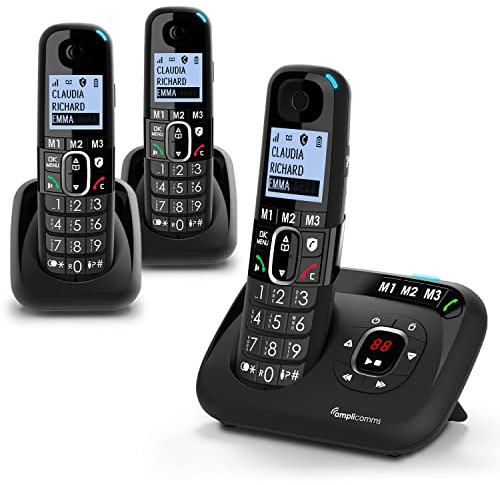 Amplicomms BigTel 1583 Trio schnurloses DECT Großtasten Telefon, Anrufbeantworter, DREI Mobilteile, Audio-Boost, Laute Klingeltöne, Hörgerätekompatibel, Anrufschutz