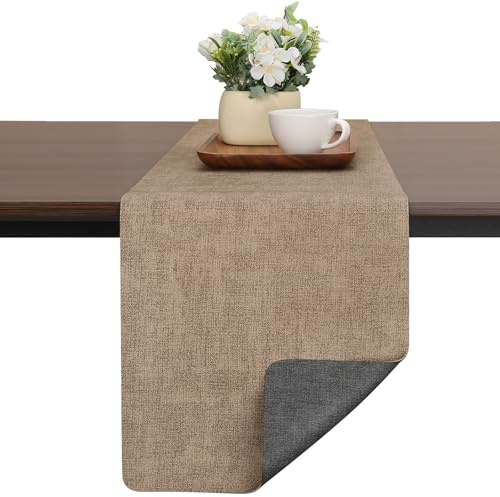 Chitomars Modern Tischläufer aus Kunstleder, Doppelseitigen rutschfest Hitzebeständig Abwaschbar Outdoor Tischläufer für Hochzeit Geburtstag Party Tischdeko(Grau Beige,30x140cm)
