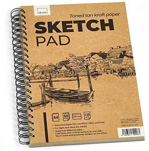 Lobome Toned Tan Kraftpapier A4 Skizzenbuch 120gsm 60 perforierte Seiten | Zeichenblock A4 Kraftpapier, 60 Seiten 120 g/m2 perforiert, recycelt, für helle und dunkle Medien, Mixed Media