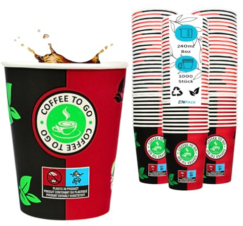 Enpack 1000 Schwarz/Rote Pappbecher 200 ml aus Kraftpapier - Kaffeebecher to go zum servieren von Tee, Kaffee, Glühwein oder anderen Getränken - Coffee To Go Becher
