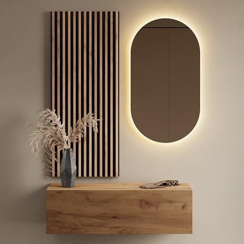 Planetmöbel Flur Möbel Garderobe 1x 100cm Gold Eiche, Wandpaneel 50cm Gold Eiche/Anthrazit mit Spiegel 50cm (ohne LED), Wandgarderobe 32,5H x 100B x 37,8T cm