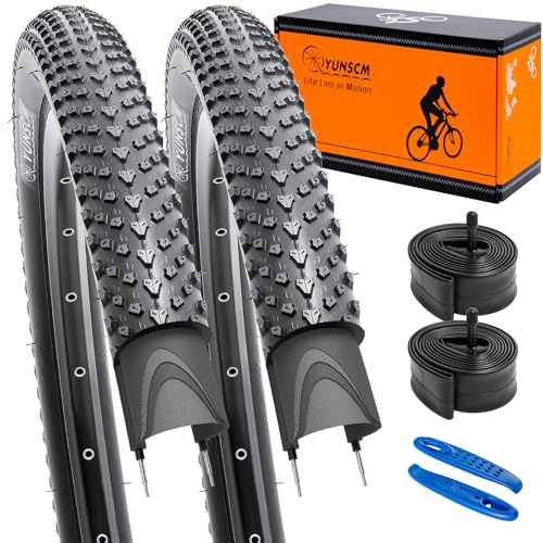 YunSCM 2Pcs Leichtlauf 60TPI+Nylon Pannensicher 26 Zoll Fahrradreifen 26x1.95 Mantel 50-559+2Pcs 26 Zoll Schlauch AV32mm kompatibel XC geeignet für Wald‑und Erdwege/Mountainbike