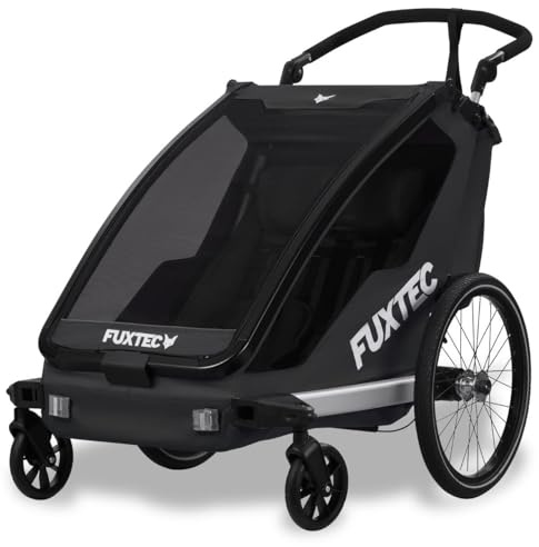 Fuxtec Fahrradanhänger Sportfux mit 2 Sitzplätzen, Hecktasche mit Reflektoren, Schiebegriff, Regen- und Sonnenschutz, faltbar, Schwarz FX-FA1
