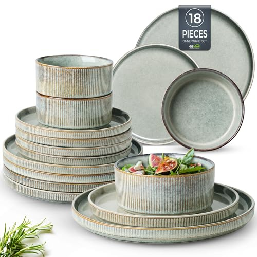 GBhome Steingut Geschirrset 6 Personen, 18-tlg Reaktive Glasur Handarbeit Steingut Geschirr Set, Mikrowellen- & Spülmaschinenfest Schüssel- und Teller Set