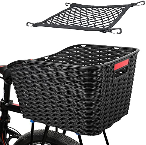 Unisex Fahrradkorb Hinten 27L Weave Kunststoffgeflecht Wetterfest Rostet Nicht, Fahrradkorb Hinten auf Gepäckträger inkl. Befestigungsmaterial und Kabelbinder, Gepäcknetz, wasserdichte Abdeckung