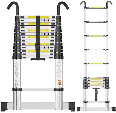 SIMPDIY 4,1M Teleskopleiter, Aluleiter ausziehbar mit Stabilisator, Leiter Ausziehbar mit Haken, 14 Sprossen, für Hause, Wohnmobil und Freien, Tragkraft 150 kg