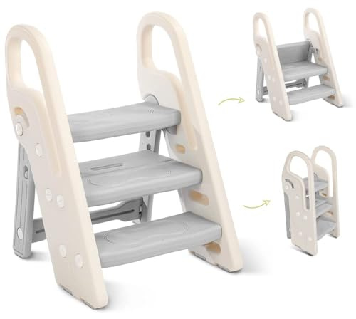 Onasti Tritthocker für Kinder, 2 Stufen - 3 Stufen Höhenverstellbar Kinderschemel, Trittschemel für Baby, Lernturm mit Handhaben, Faltbar, Multifunktional, für Bad, Kleinkinderzimmer, Küche (Grau)