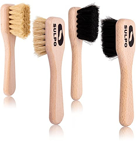 SULPO Cremebürste Tiegelbürste Schuhbürste - Weiche Bürste - Lederbürste Schmutzbürste für Leder Schuhe - 4 Stuck Set - 2 schwarz und 2 Natur - Schuhpflege