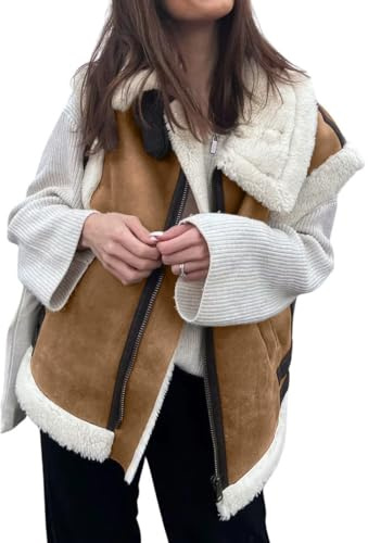 loveimgs Damen Winter Warm Wildleder Sherpa Leder Weste Jacke Reißverschluss Ärmellos Lammwolle Pelzmantel mit Taschen