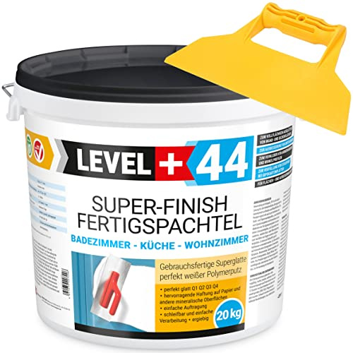 Level +44 Super Finish Spachtelmasse Weiß Innen für Wand & Decke - 20 kg | Gebrauchsfertige Polymer-Fertigspachtel, Q4 Glättspachtel für Perfekt Glatte Oberflächen für Beton, Putz mit Spachtel