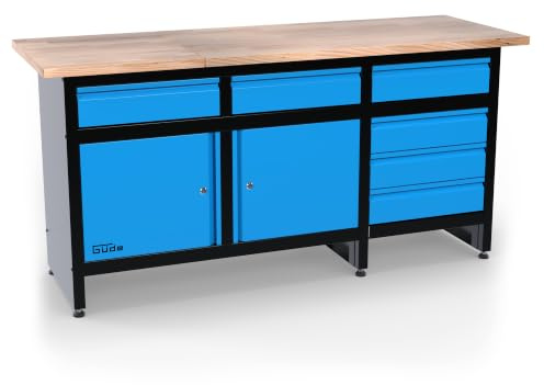 Güde Werkbank GW 6/2 XL - 171x60x3 cm Arbeitsplatte, bis 300 kg belastbar | 88,5 cm Arbeitshöhe, 6 Schubladen B44 / H11,5 /T40 cm, Vollauszug, je 30 kg Tragfähigkeit, kugelgelagert, abschließbare Türen
