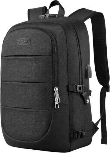 AMBOR Rucksack Herren, 17,3'' Laptop Rucksack Damen mit USB-Ladeanschluss | Wasserabweisenderer Rucksack Groß mit Notebookfach, Schulrucksack Teenager Schwarz, Reiserucksack für Arbeit Studium Flug