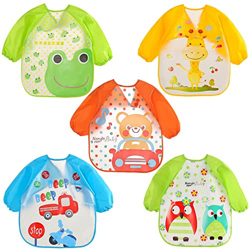 SLOSH Baby Lätzchen mit Ärmeln Wasserdicht Langen Weiches Lange Abwaschbar Leicht zu Reinigen Lätzchen Fütterlätzchen für Babys und Kleinkinder Unisex Jungen und Mädchen Set
