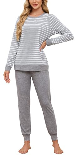 Breampot Schlafanzug Damen Lang Baumwolle Pyjama Nachtwäsche | Zweiteiliger Hausanzug mit Streifenoberteil und Bündchen; bequeme Loungewear für Schlafen und Entspannen