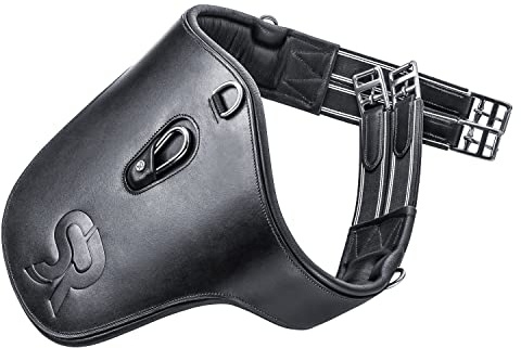SUNRIDE Stollengurt/Bauchlatzgurt für Pferde (Hickstead) -Echtleder - extra Polsterung - D-Ringe und Karabiner für Hilfszügel - Handgefertigt - elastische Einsätze - Rollschnallen (125 cm, schwarz)