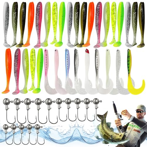 Angelzubehör Set Angel Köder Gummifische Angelköder Set Köder Jigköpfe Set Gummifische für Hecht Angelset Angel Zubehör Naturgetreue Angelköder für Süß- und Salzwasser für Hecht Forelle Zander Barsch