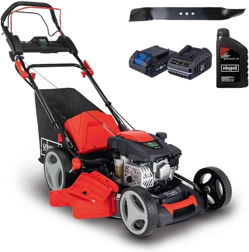 Scheppach MS173-51E Benzin Rasenmäher - 51cm Schnittbreite | E-Start | Reinigungsfunktion | 65 Liter Fangkorb | Stahlgehäuse | 7-stufige Höhenverstellung (inkl. Ersatzmesser & Motoröl)