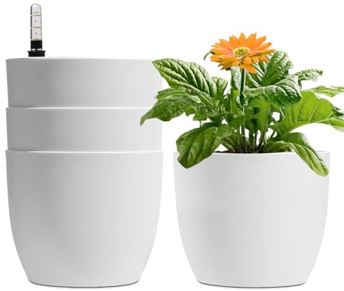 T4U 15cm Selbstwässernder Blumentopf mit Wasseranzeiger Weiß Blumentopf Set 4er-Set, Selbstbewässerung Wasserspeicher Pflanzgefäß Übertopf für Innen- und Außenbereich