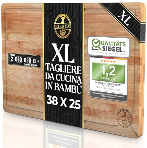 Deer & Oak Schneidebrett Holz – Ungiftig, Extra Großes Bambusbrett 38x25x2cm, Vorgeölt & Wasserabweisend, Messerfreundliches Küchenbrett für Fleisch, Gemüse & Brot
