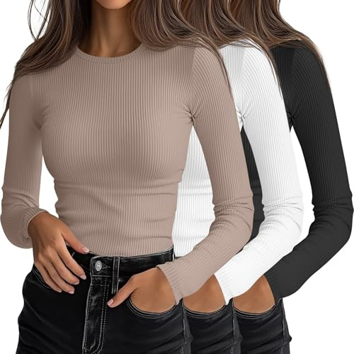 Ficerd 3er-Pack Damen-Rippstrick-Langarm-Tops mit Rundhalsausschnitt, Schmaler Passform, Dehnbar, Ideal zum Layern