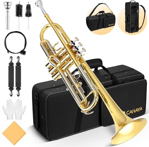 CAHAYA Standard Trompeten Set - Trompete für Anfänger und Schüler - Messingtrompete mit Hartschalenkoffer, 7C-Mundstück, Handschuhen und Reinigungsset, Golden