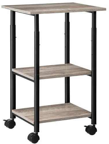 HOOBRO Druckertisch, Druckerwagen mit arretierbaren Rädern, Druckerständer rollbar mit 3 Ebenen, höhenverstellbar, leicht zu montieren, 48,5 x 40 x 67 cm, für Büro, Greige-Schwarz EBG03PS01G1