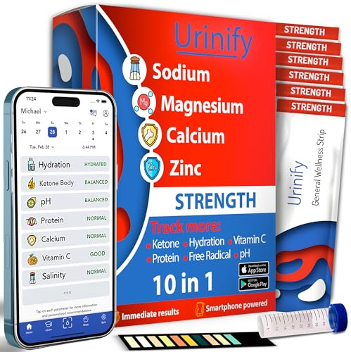 [URINIFY STRENGTH] Urinteststreifen und mobile App für Ketostreifen Urintest, Hydrationstest, Stoffwechseltest, Elektrolyte, pH, Vitamin C, Urinanalyseteststreifen, 6 Streifen