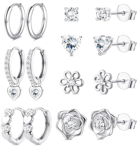 FIOROYAL 7 Paare Ohrringe Silber 925 Damen Mädchen-Hypoallergene Klein Ohrstecker Creolen Ohrringe Set-Cubic Zirkonia/Blumen/Herz Ohrring Silber 925 Stecker Schmuck für Damen Mädchen flo